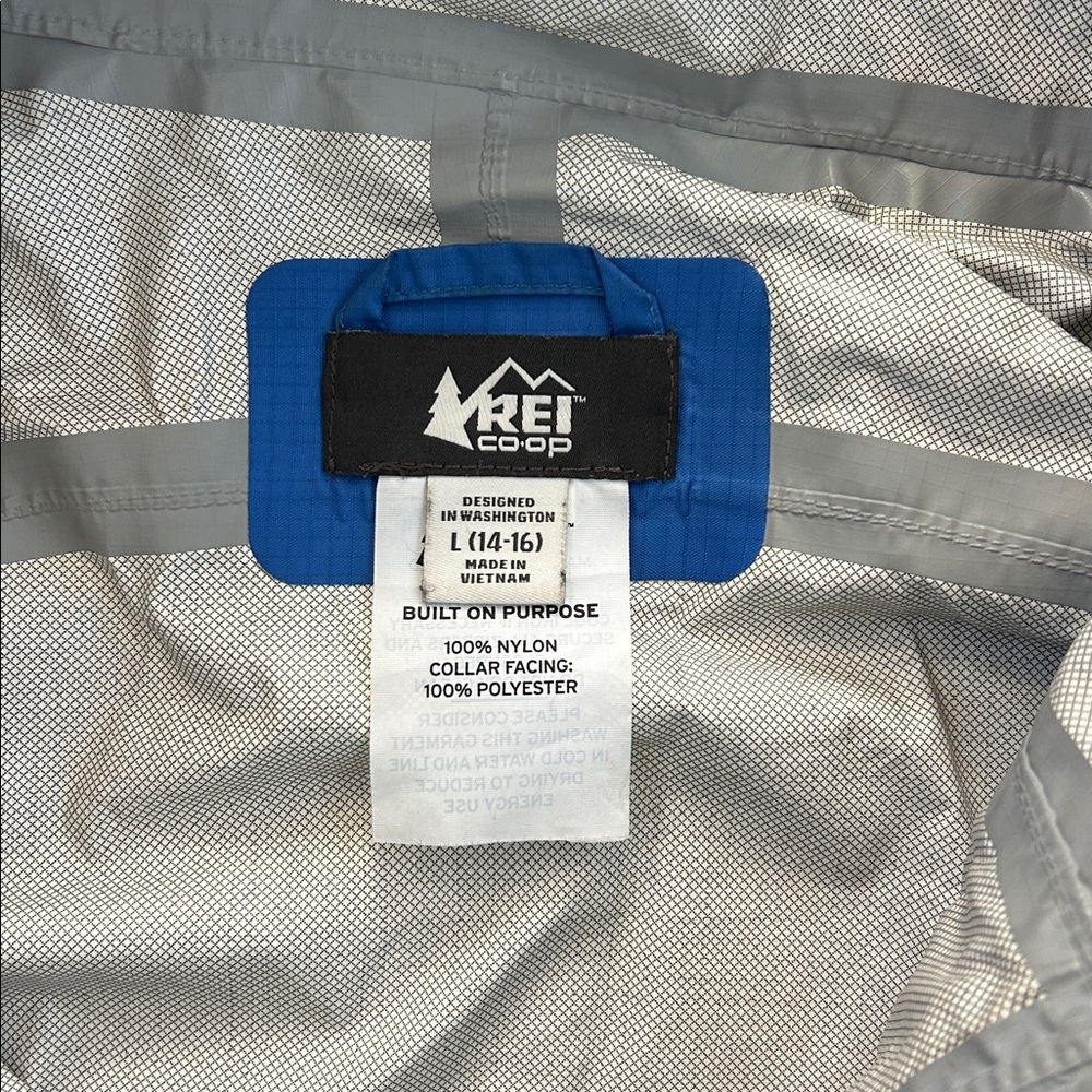 REI COOP Two-Tone Blue Hooded rain Jacket size large (14-16) - Picture 6 of 12